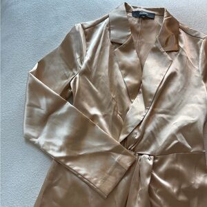 Pomelo Satin Beige Gold long sleeve dress